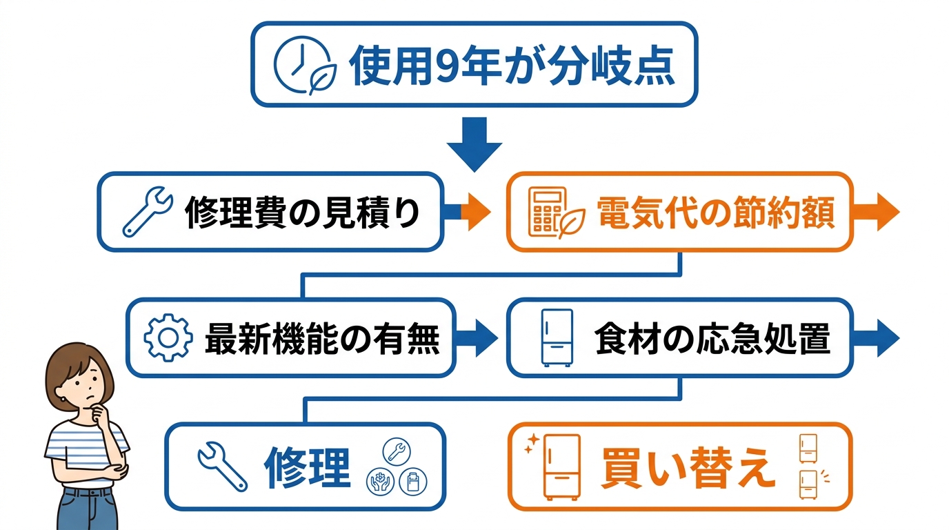 故障で冷えない冷蔵庫の修理か買い替えの判断目安