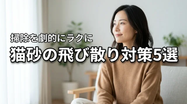 猫砂の飛び散りで掃除が大変な悩みを解決！おすすめ対策グッズ5選を厳選紹介（記事のアイキャッチ画像）