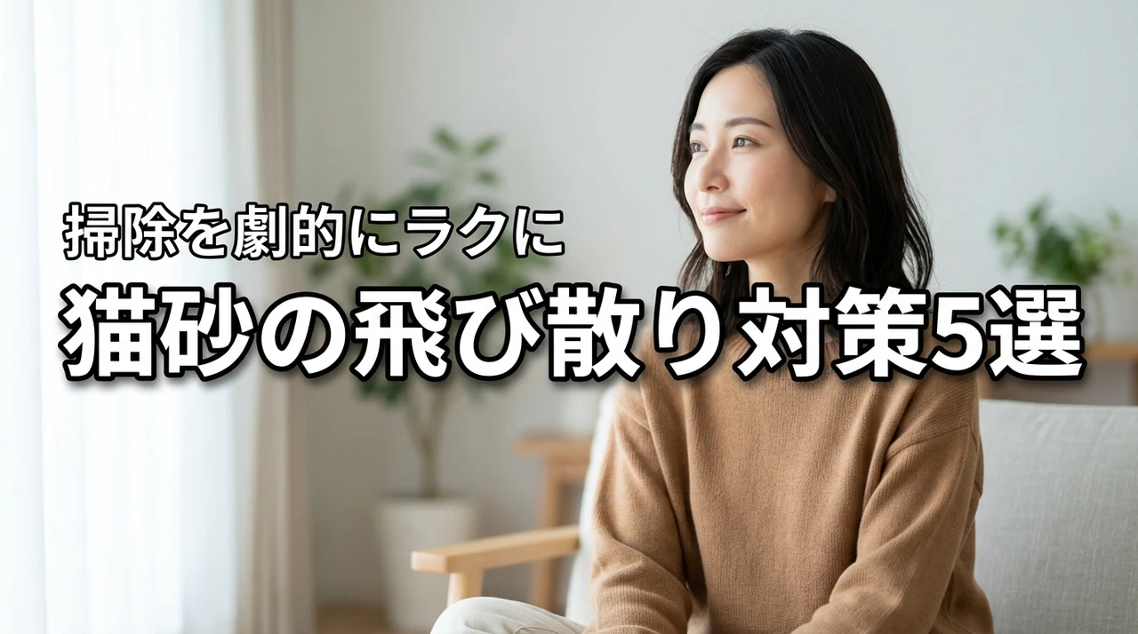 猫砂の飛び散りで掃除が大変な悩みを解決！おすすめ対策グッズ5選を厳選紹介（記事のアイキャッチ画像）