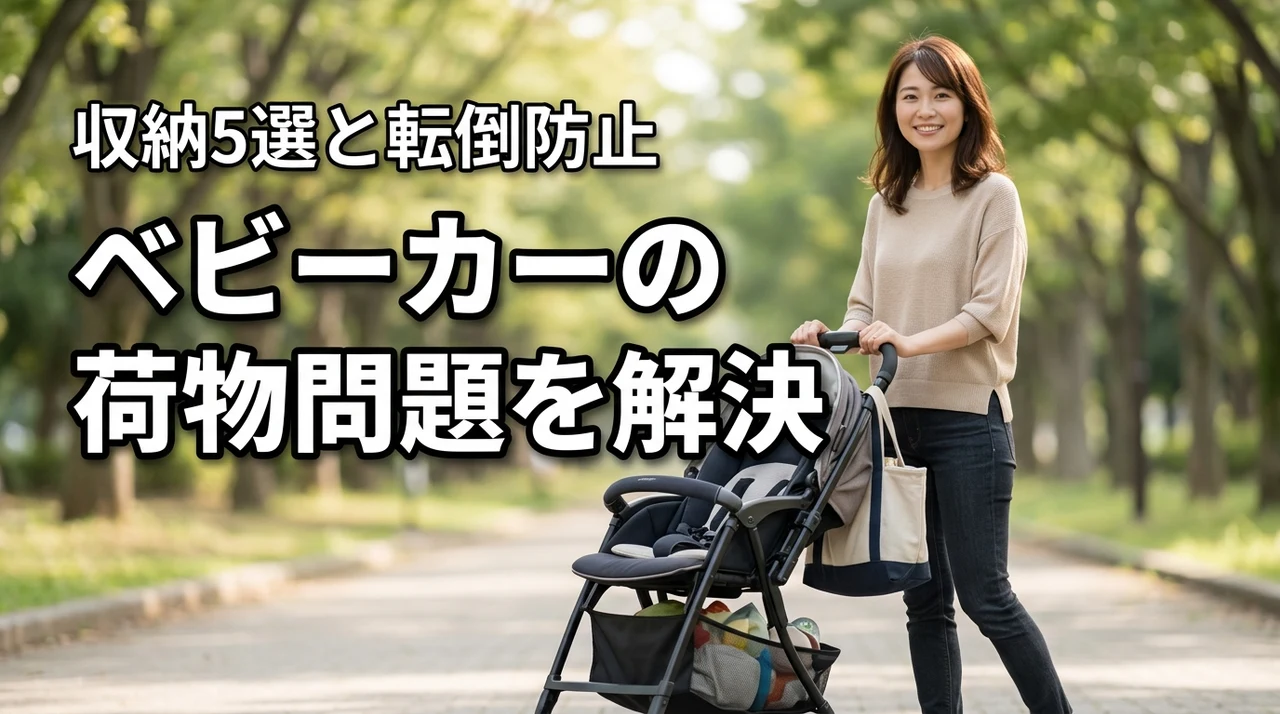 ベビーカーに荷物が入らない悩みを解消！おすすめ収納グッズ5選と転倒防止のコツ（記事のアイキャッチ画像）